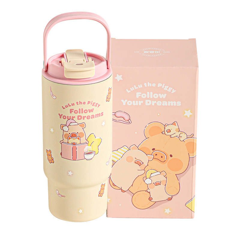 川岛屋&LuLu猪联名 手提保温杯女316不锈钢大容量吸管水杯冰霸杯