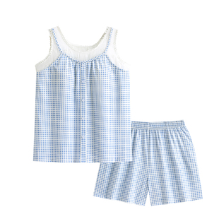 悦内带胸垫睡衣女款夏季夏天纯棉吊带背心短裤家居服韩式清新格子