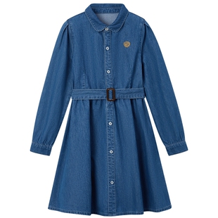 【100%棉】eland kids衣恋童装女童连衣裙春秋学院风束腰牛仔裙