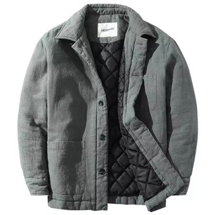 草民麻衣防风保暖棉服男士苎麻翻领厚外套宽松御寒棉衣袄冬季新款