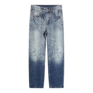 ALLIN 纹理感磨破牛仔裤男秋冬潮牌直筒微喇渐变美式高街破洞裤子