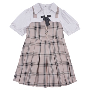 memoryin童装连衣裙两个小朋友学院风甜美格纹假两件短袖连衣裙