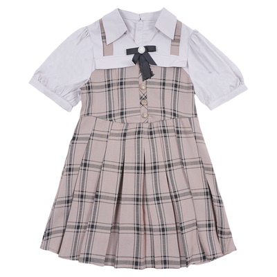 memoryin童装连衣裙两个小朋友学院风甜美格纹假两件短袖连衣裙