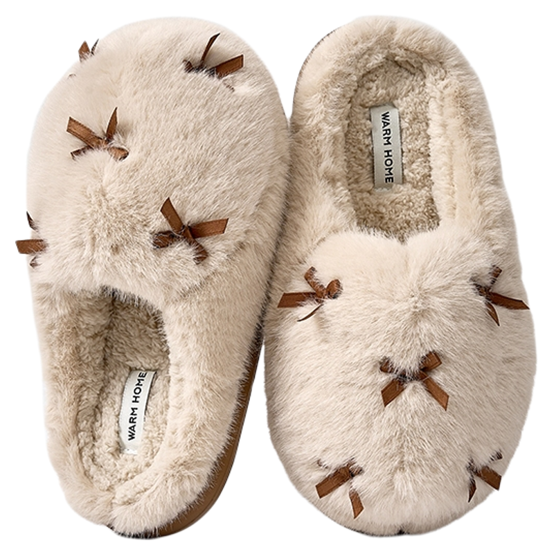 毛绒棉拖鞋女士秋冬季2025新款保暖月子鞋蝴蝶结居家室内冬天棉鞋