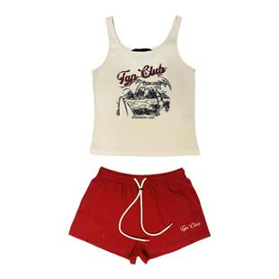 THE GOD PARTICLE 2025秋季新款复古假日印花背心短裤休闲套装女