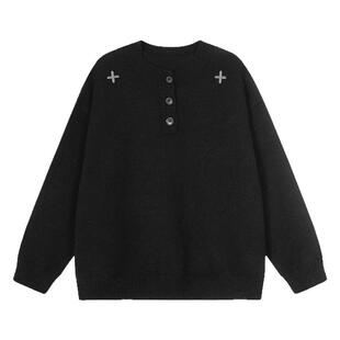STA秋冬新款老钱风黑色亨利领针织衫男款十字架装饰套头休闲毛衣