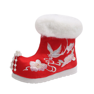 女童汉服鞋冬季公主古装棉鞋中国风绣花鞋民族风雪地靴加绒拜年鞋