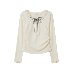 奶油的宇宙 绑带捏褶木耳花边内搭长袖T恤女早秋甜美风收腰短上衣