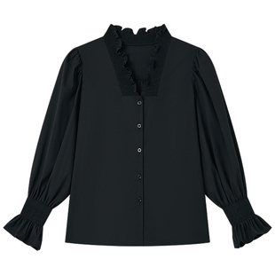 Halo Luu 法式黑色衬衫女春季显瘦v领设计感衬衣高级感泡泡袖上衣