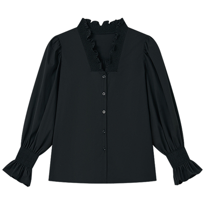 HaloLuu法式黑色衬衫泡泡袖上衣