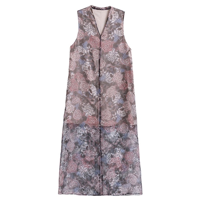 真丝黑粉玫瑰无袖连衣裙夏季新品