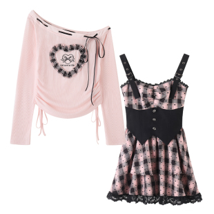 织物猪 黑化甜心 暗黑甜酷风粉色吊带连衣裙女收腰蕾丝格纹短裙子