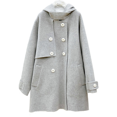 SERY连帽双排扣一手长羊毛大衣