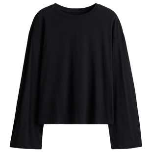 HM女装T恤冬季圆领方形宽松慵懒深红色条纹卫衣1240497