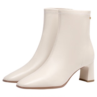 小奶皮蹀愫冬季加绒靴子羊皮复古高跟增高法式短靴TA54707-13