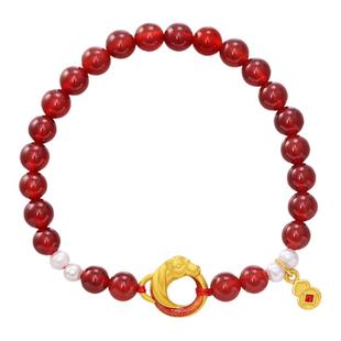 潮宏基五福马黄金珍珠玛瑙手链足金手串手绳硬金平安扣骐骥红绳