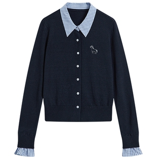 KBNE刺绣假两件灰色针织开衫女2026春季新款学院风polo领毛衫上衣