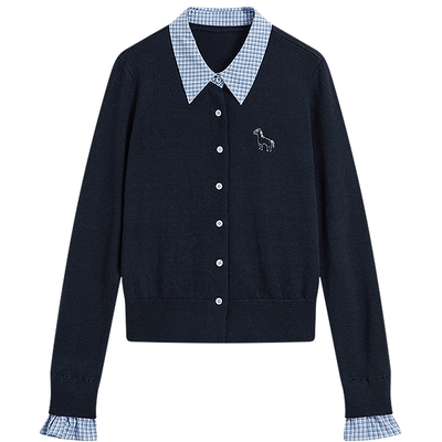 KBNE刺绣假两件灰色针织开衫女2026春季新款学院风polo领毛衫上衣