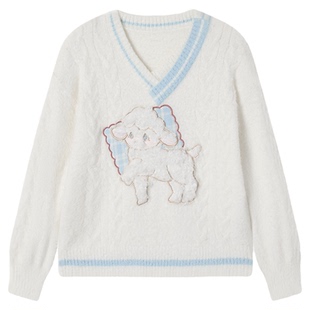 织物猪 奶蓝小羊 甜美风白色奶fufu毛衣女冬慵懒感可爱宽松针织衫