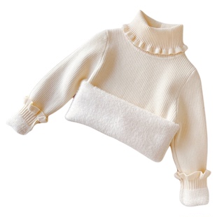 女童毛衣高领花边领2025冬装新款一体绒儿童毛衣厚宝宝毛线衣加绒