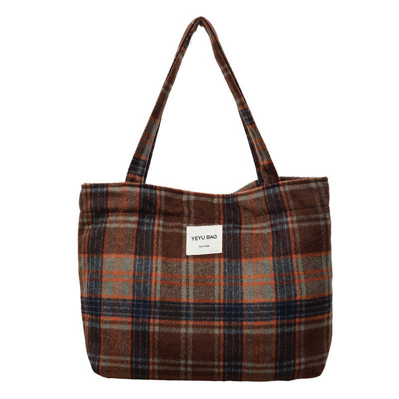 韩国东大门秋冬新款毛呢包格子单肩包大容量托特包包百搭通勤女包