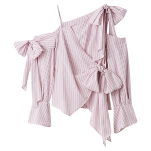 SNIDEL2026春夏新品甜美蝴蝶结绑带斜肩露肩长袖衬衫SWFB261059