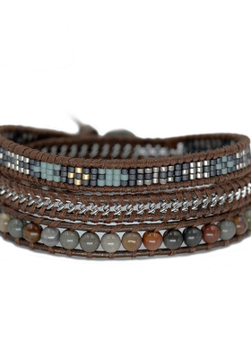 棕调莫兰迪.卡其色玛瑙与拼色链条皮绳三圈纯银扣手链