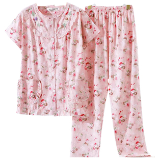 睡衣女纯棉布短袖长裤套装春夏季薄款简约大码宽松梭织全棉家居服