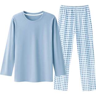 三枪2026春季纯棉睡衣女甜美格纹长袖长裤圆领柔软透气女士家居服