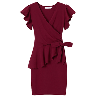 洋气女人味性感包臀裙女夏荷叶边绑带收腰显瘦修身紧身V领连衣裙