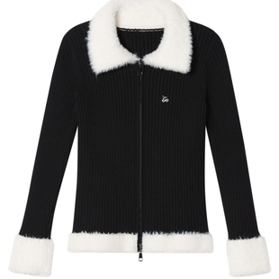 SALT.P可颜千金风毛毛领羊毛拉链修身针织开衫女上衣