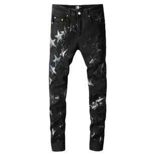 AMR JEANS 美式高街风潮牌星星拼皮膝盖刀割破洞修身黑色牛仔裤男