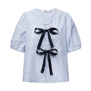 LILY2026夏新款女装棉麻混纺法式V领条纹蝴蝶结气质通勤短袖衬衫