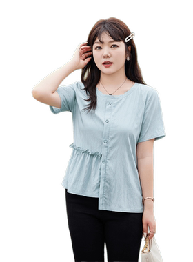 大码不规则女短袖小衫夏季新款胖mm遮肚子显瘦设计感收腰正肩上衣
