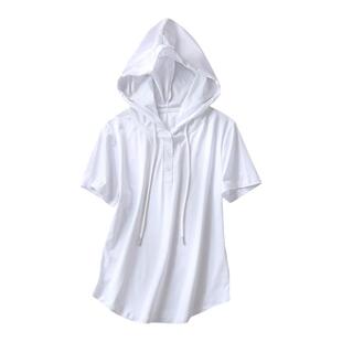 舒适丝光棉弧形连帽短袖t恤女宽松百搭时尚短款气质上衣女薄款夏