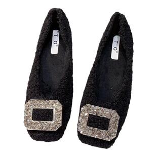 法式温柔晚晚风水钻方扣单鞋2025新款秋冬季加绒毛毛鞋大码豆豆鞋