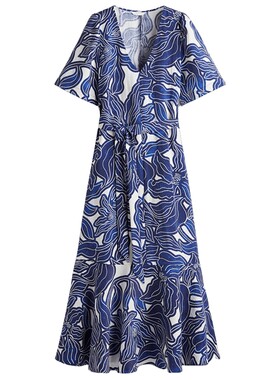 HM女装夏季印花斜纹布短袖泡泡袖V领喇叭形连身裙1297789