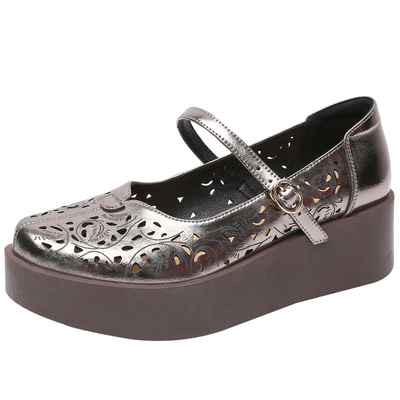 坡跟镂空女鞋松糕单鞋女夏复古民族风一字带妈妈鞋子真皮洞洞凉鞋