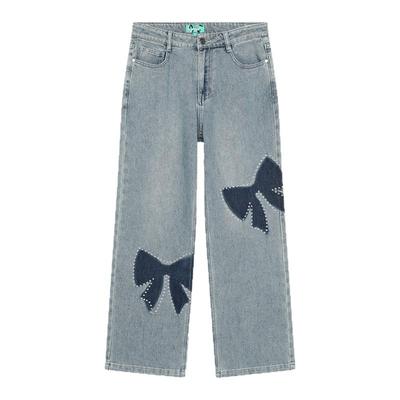 innplanet25秋新款休闲百搭潮流蝴蝶结贴钻直筒牛仔裤PO31DE011A