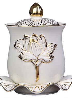 国顺观音浮雕陶瓷描金供水杯