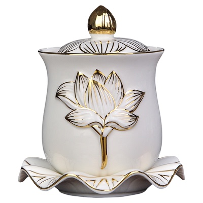 国顺观音浮雕陶瓷描金供水杯