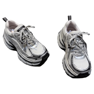 2026春季新款网布真皮拼色老爹鞋小个子增高显瘦休闲鞋银色运动鞋