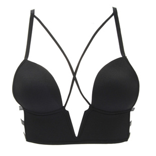 夏季简约时尚光面法式内衣礼服搭档无痕薄杯深V性感后背镂空文胸