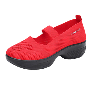 新款广场舞鞋女夏季透气网面红色舞蹈鞋软底松紧带腰鼓扇子跳舞鞋