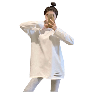 白色内搭打底衫女2026新款秋冬季破洞加绒长袖t恤女装上衣可外穿