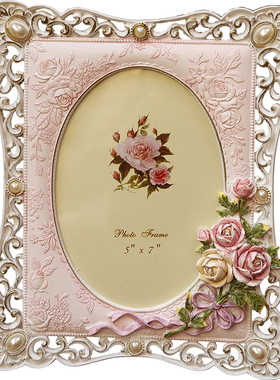 欧式粉色玫瑰装饰像框边几摆件