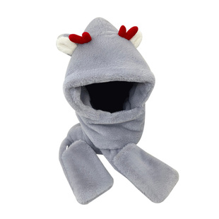 防风帽女冬季围巾帽子手套一体儿童连帽三件套骑行电动车保暖神器