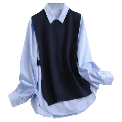 撞色针织背心两件套装翻领女衬衫