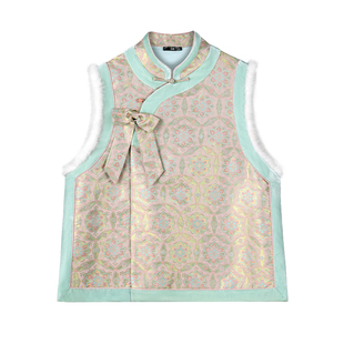 中国丝绸隆鹊[陆美英粉金宝相大盘]加棉水貂毛马甲宋锦新中式国风