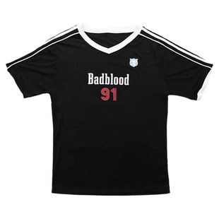 badblood美式炸街字母印花V领撞色短袖T恤男女款上衣2024夏装新款